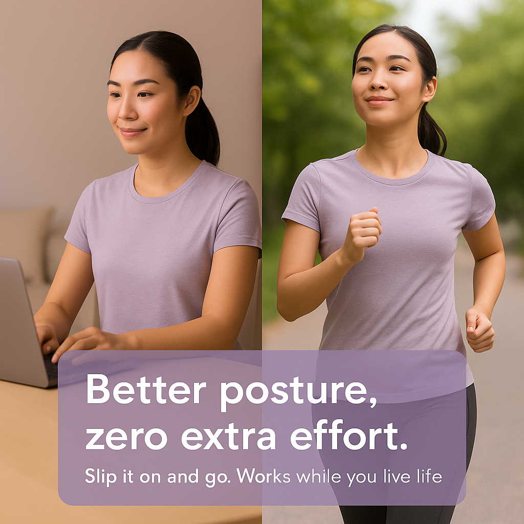 Woman in a purple shirt demonstrating better posture at a desk and running outdoors with text overlay.